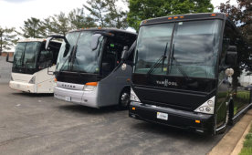 three buses with different colors