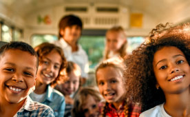 a group of kids on a bus